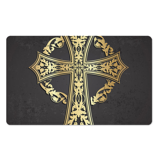 Ornamental Golden Cross Print Polyester Doormat