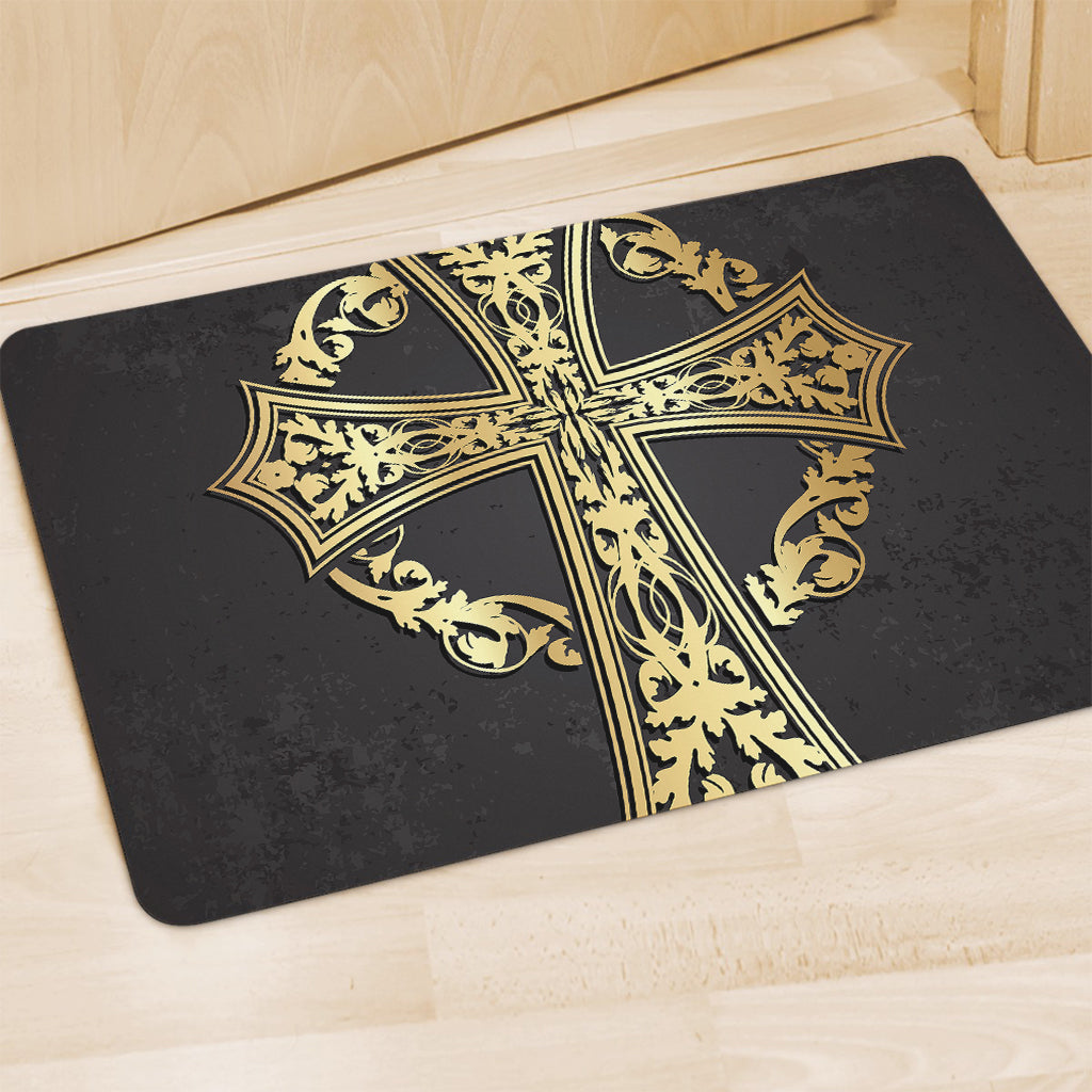 Ornamental Golden Cross Print Polyester Doormat