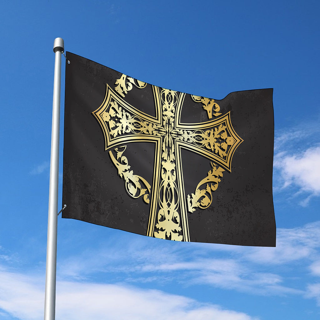 Ornamental Golden Cross Print Polyester Flag