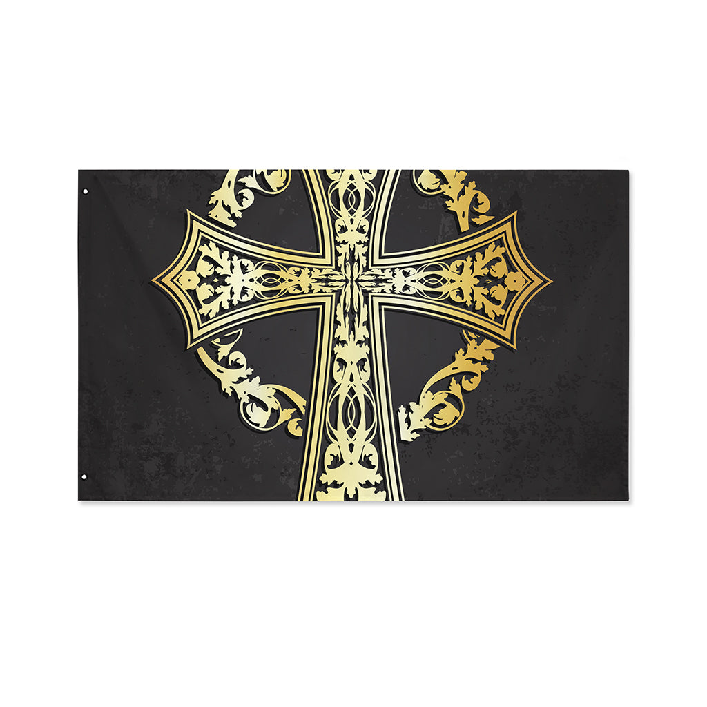 Ornamental Golden Cross Print Polyester Flag