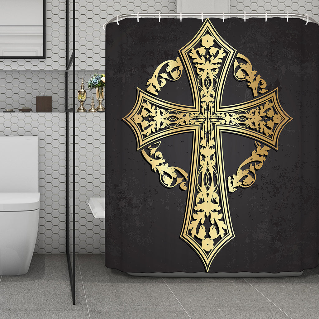 Ornamental Golden Cross Print Polyester Shower Curtain