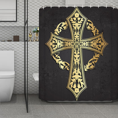 Ornamental Golden Cross Print Polyester Shower Curtain