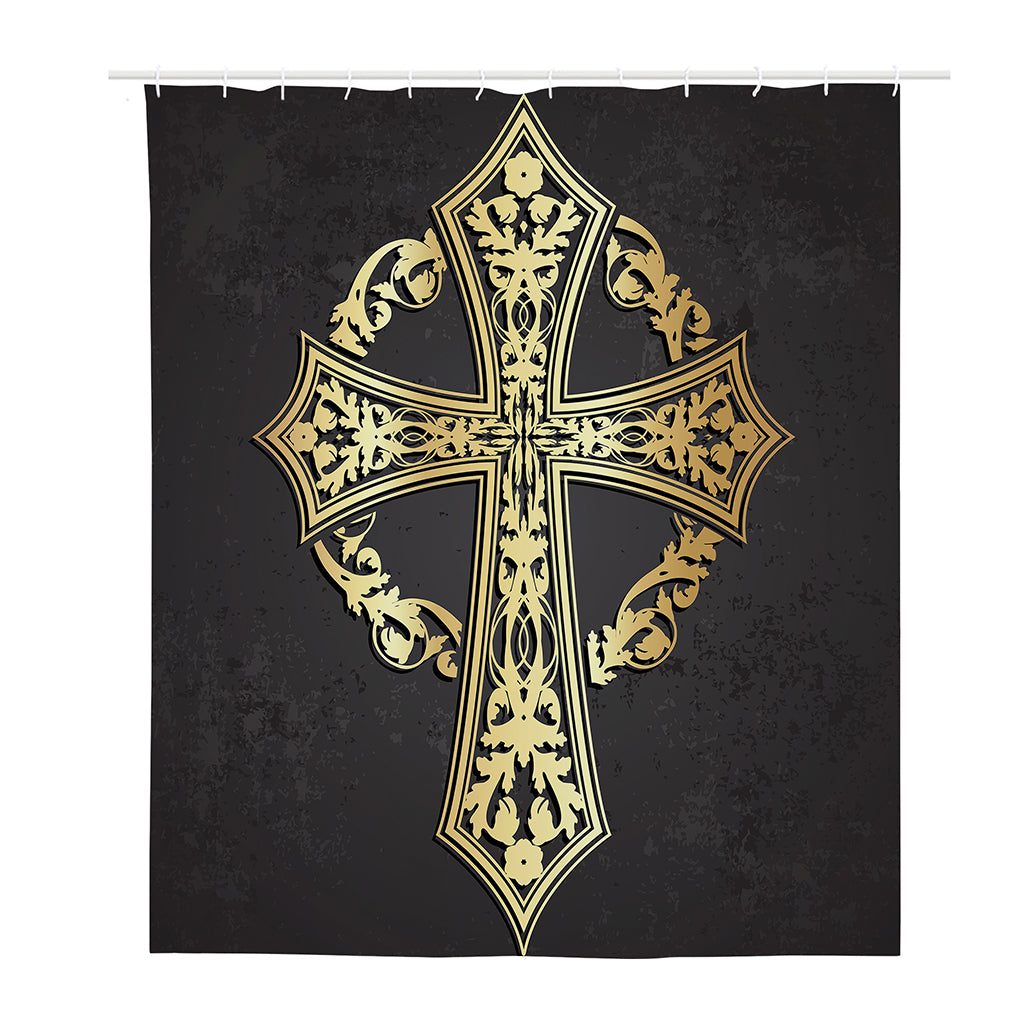 Ornamental Golden Cross Print Polyester Shower Curtain
