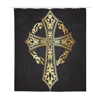 Ornamental Golden Cross Print Polyester Shower Curtain