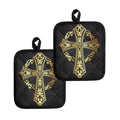 Ornamental Golden Cross Print Pot Holders