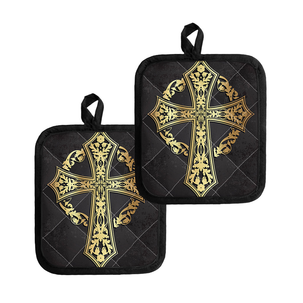 Ornamental Golden Cross Print Pot Holders