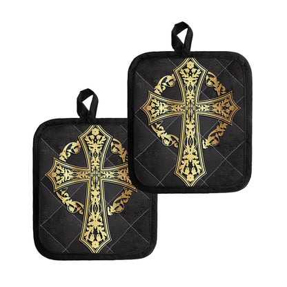Ornamental Golden Cross Print Pot Holders