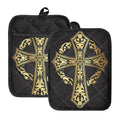 Ornamental Golden Cross Print Pot Holders With Pocket