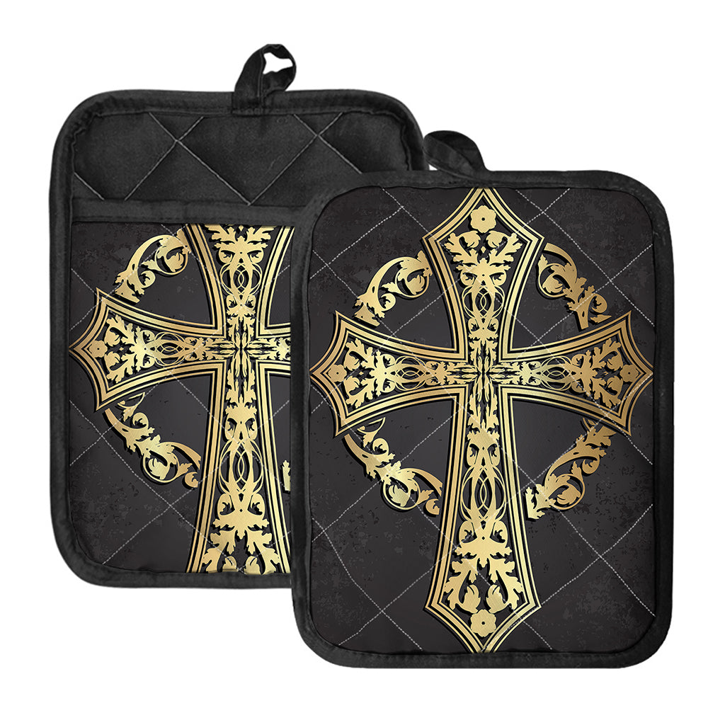 Ornamental Golden Cross Print Pot Holders With Pocket