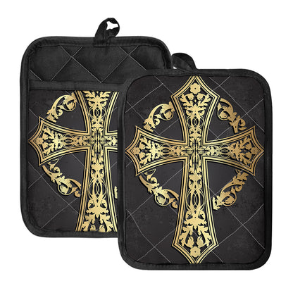 Ornamental Golden Cross Print Pot Holders With Pocket