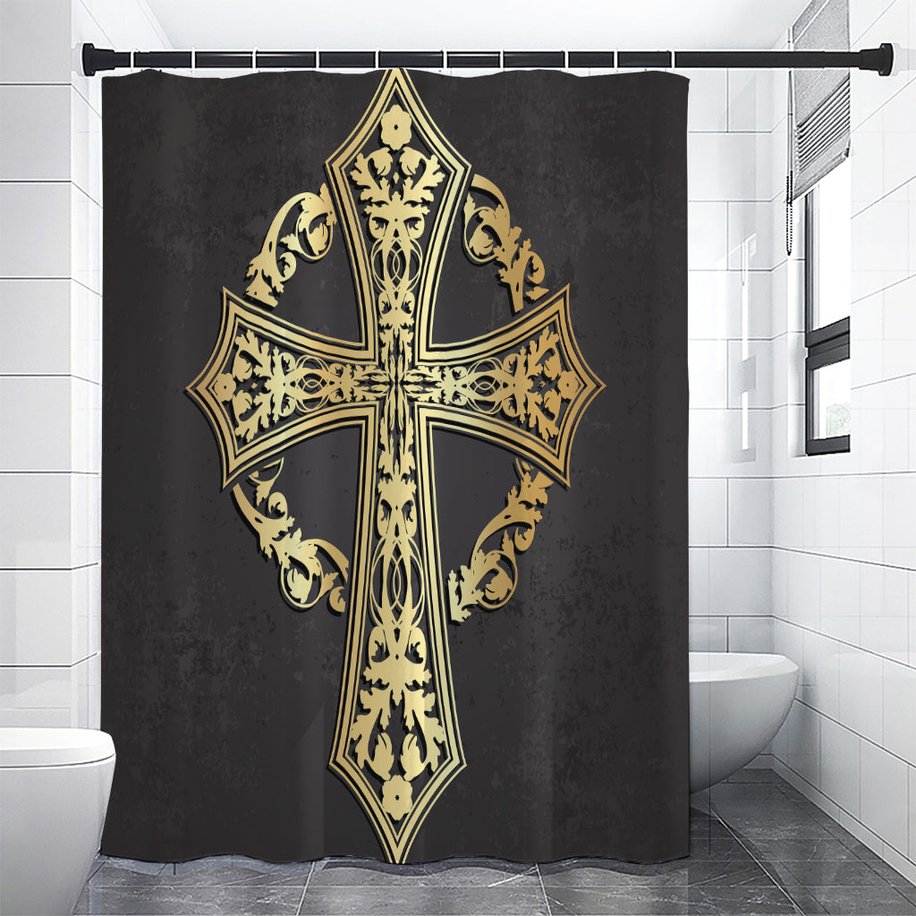 Ornamental Golden Cross Print Premium Shower Curtain