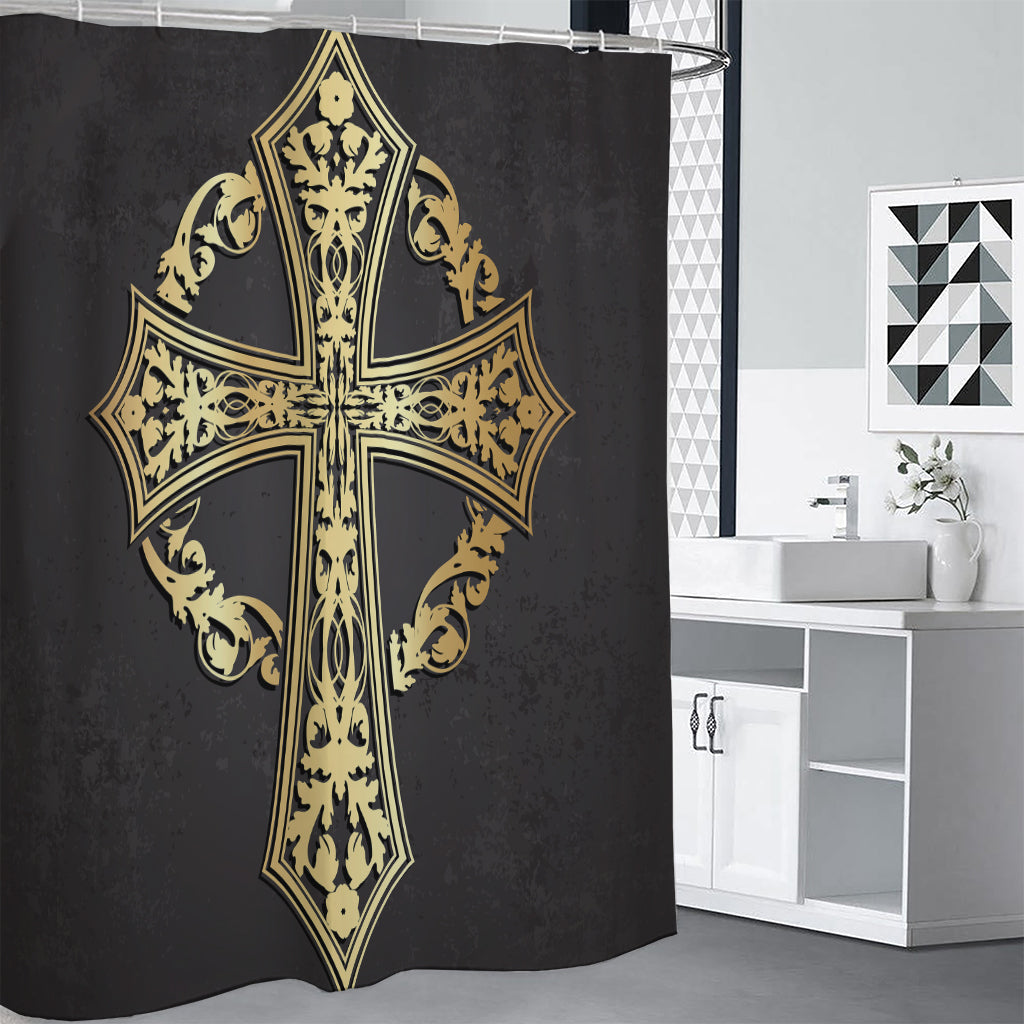 Ornamental Golden Cross Print Premium Shower Curtain