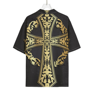 Ornamental Golden Cross Print Rayon Hawaiian Shirt