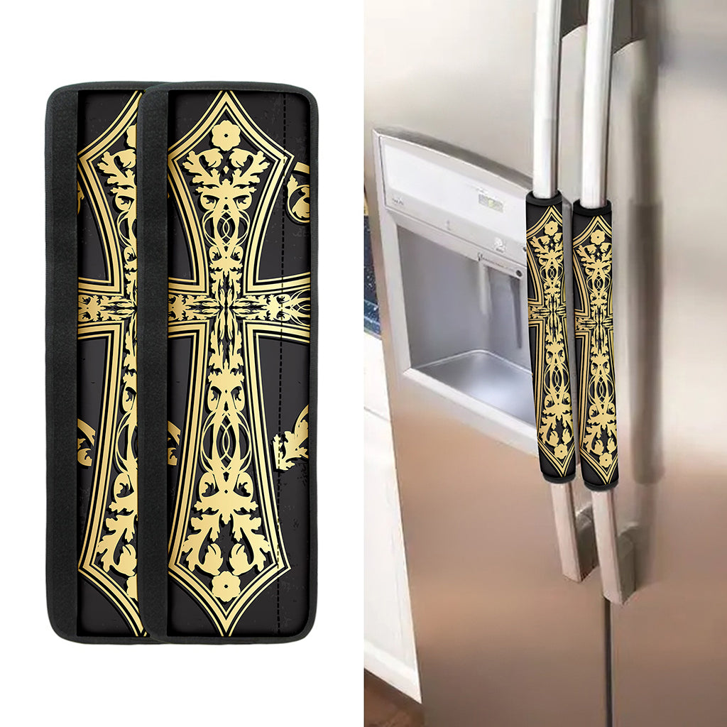 Ornamental Golden Cross Print Refrigerator Handle Covers