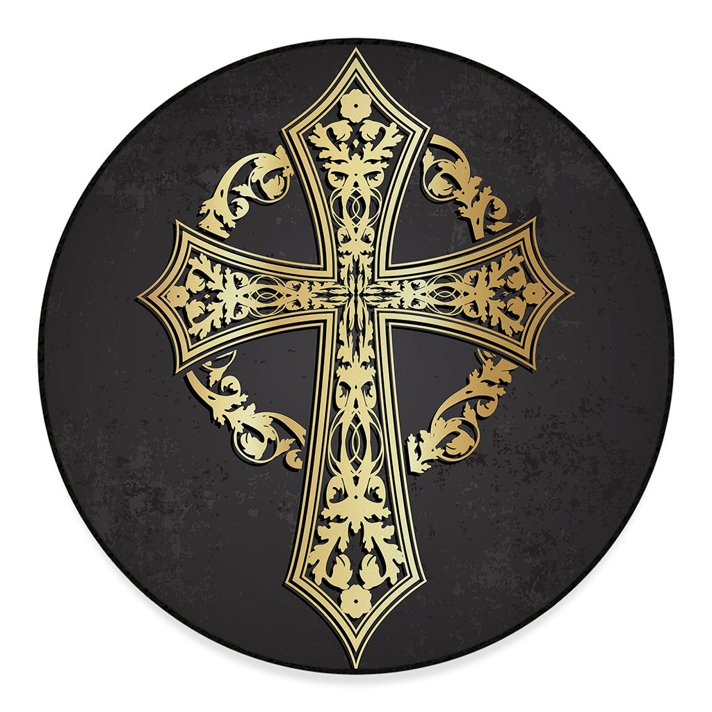 Ornamental Golden Cross Print Round Floor Mat