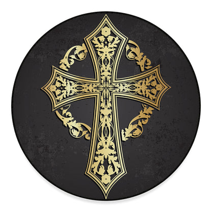 Ornamental Golden Cross Print Round Floor Mat