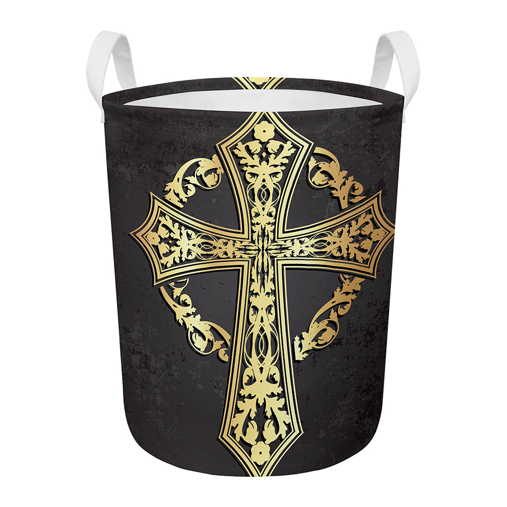Ornamental Golden Cross Print Round Laundry Basket
