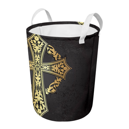 Ornamental Golden Cross Print Round Laundry Basket