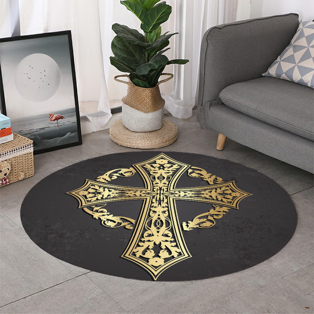 Ornamental Golden Cross Print Round Rug