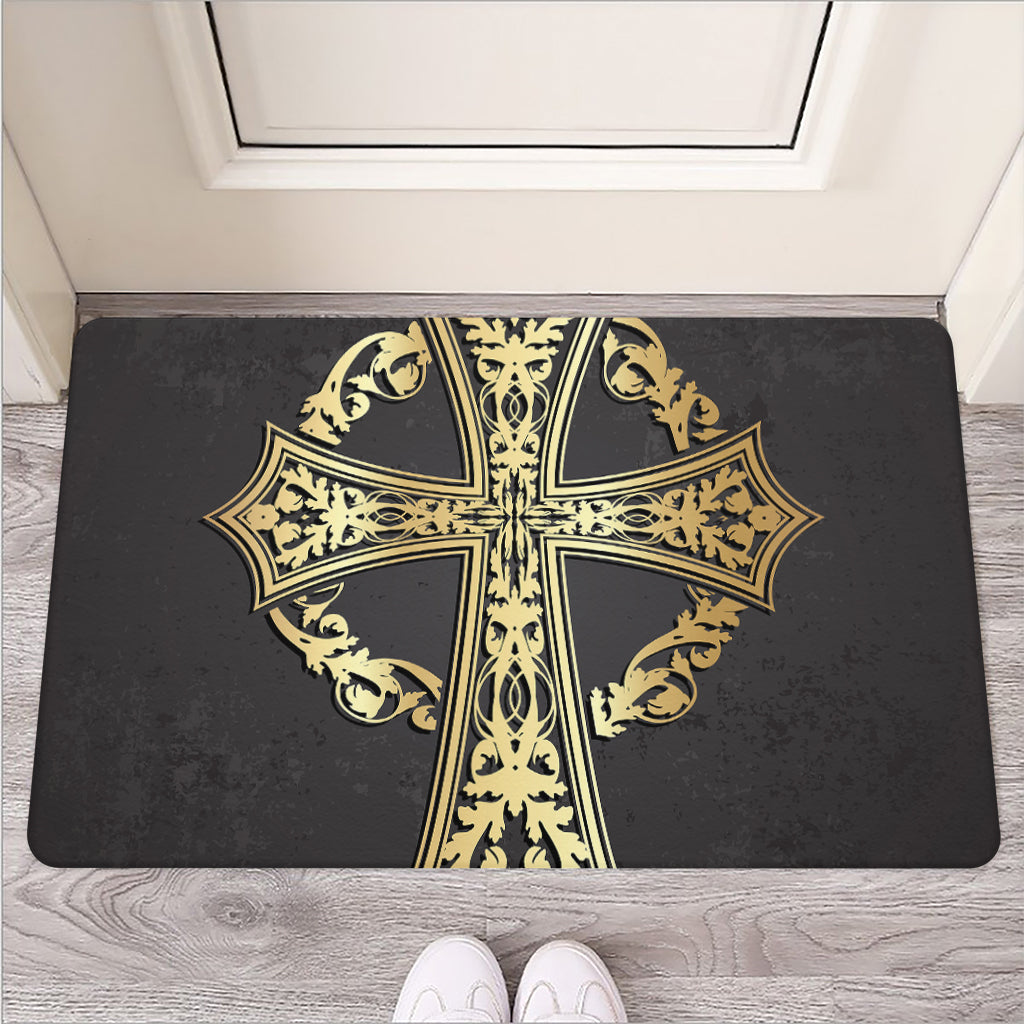 Ornamental Golden Cross Print Rubber Doormat