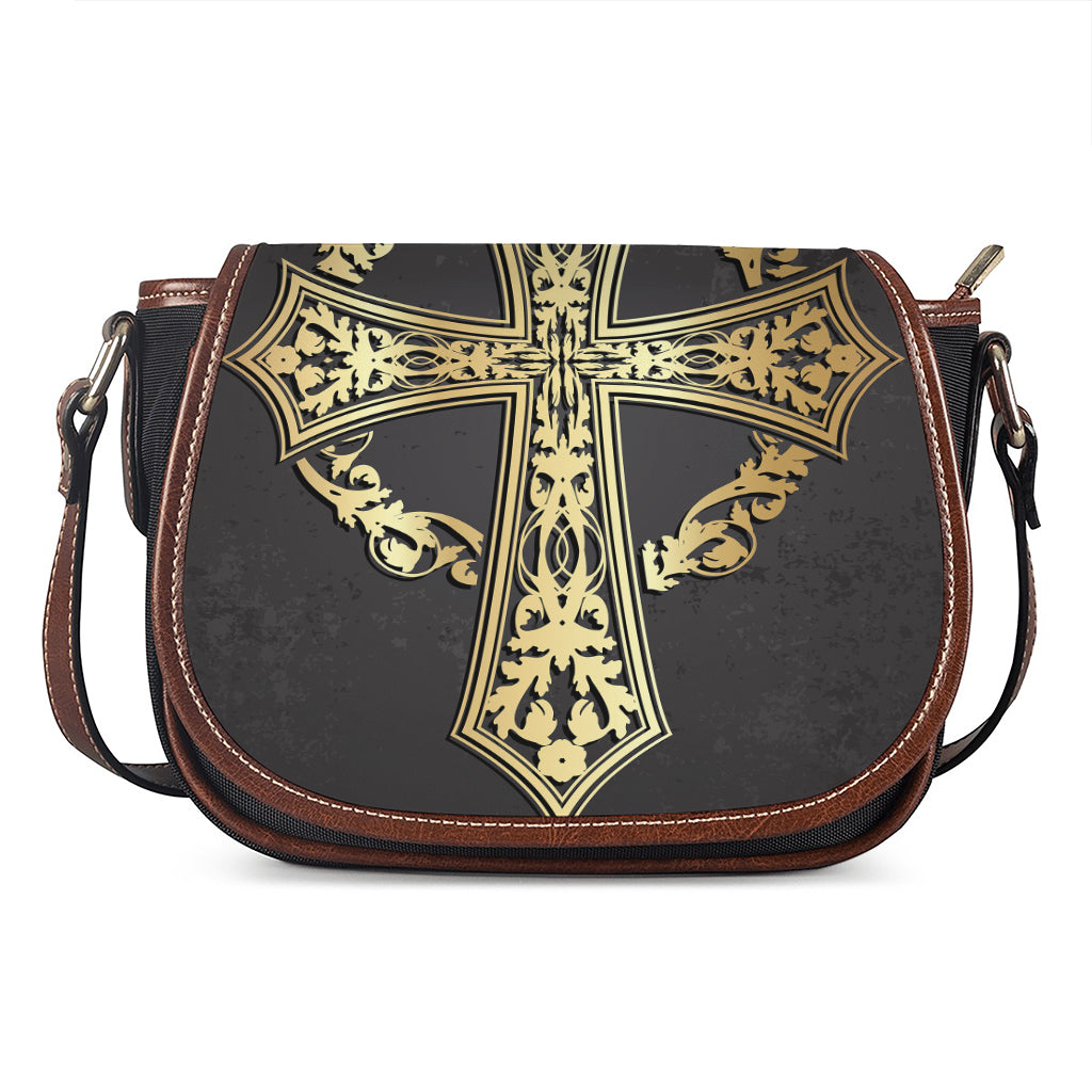 Ornamental Golden Cross Print Saddle Bag