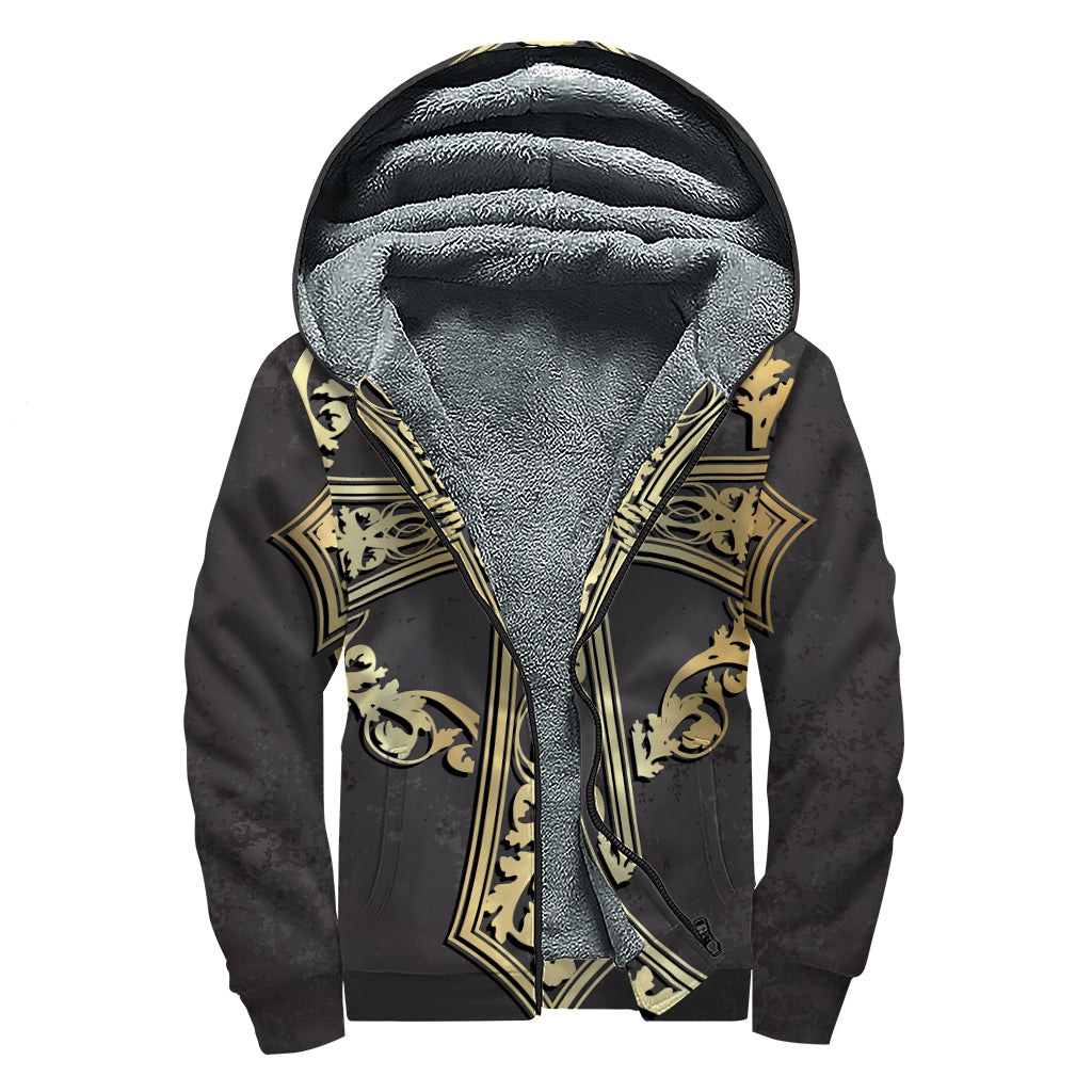 Ornamental Golden Cross Print Sherpa Lined Zip Up Hoodie