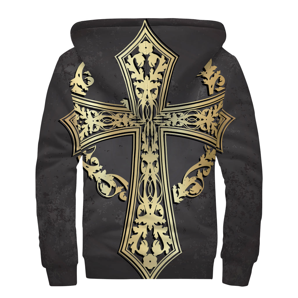 Ornamental Golden Cross Print Sherpa Lined Zip Up Hoodie