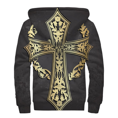 Ornamental Golden Cross Print Sherpa Lined Zip Up Hoodie