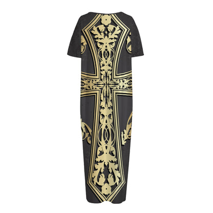 Ornamental Golden Cross Print Short Sleeve Long Nightdress