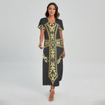 Ornamental Golden Cross Print Short Sleeve Maxi Dress