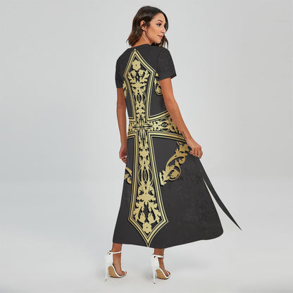 Ornamental Golden Cross Print Short Sleeve Maxi Dress