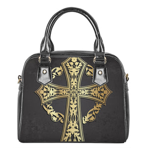 Ornamental Golden Cross Print Shoulder Handbag