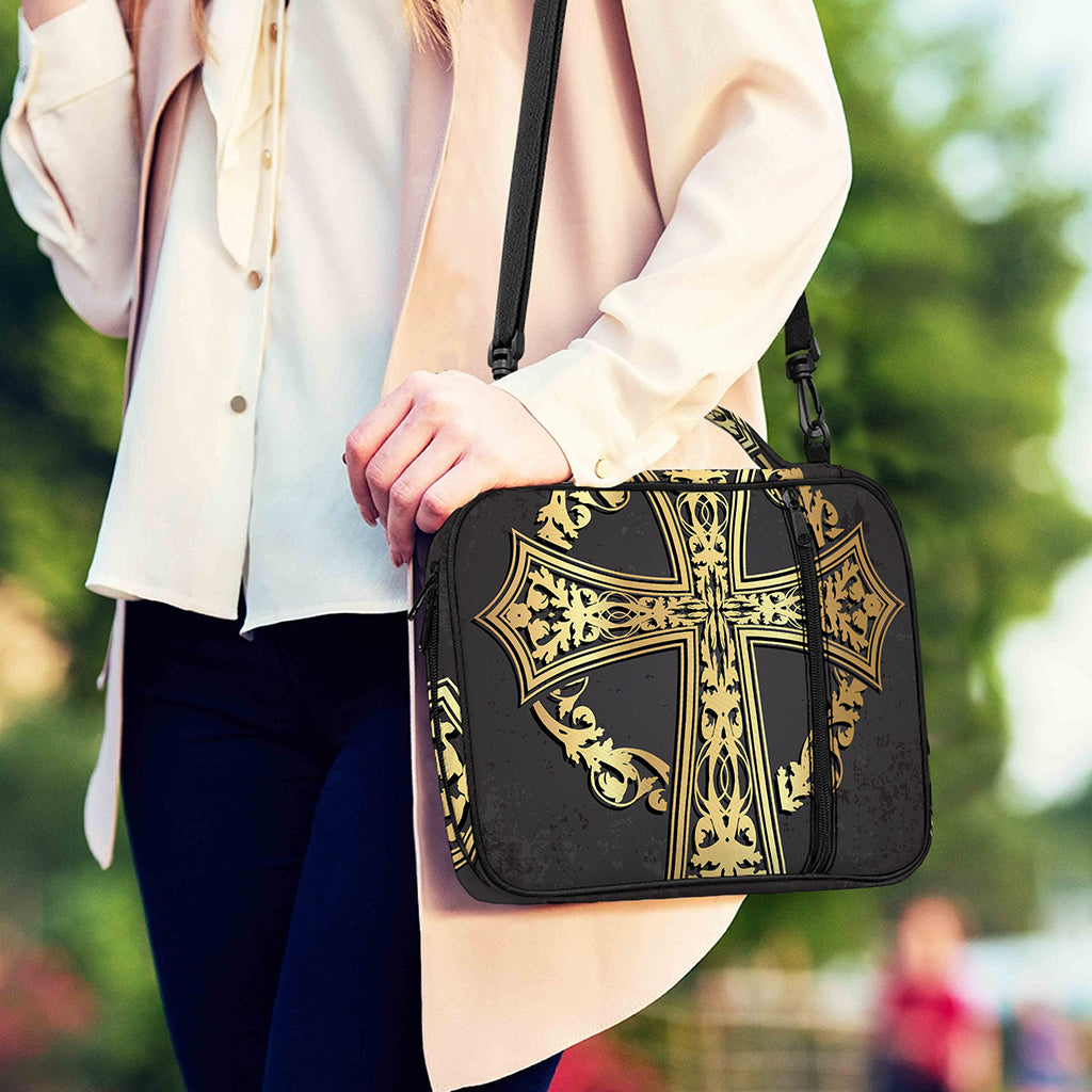 Ornamental Golden Cross Print Shoulder Strap Bible Bag