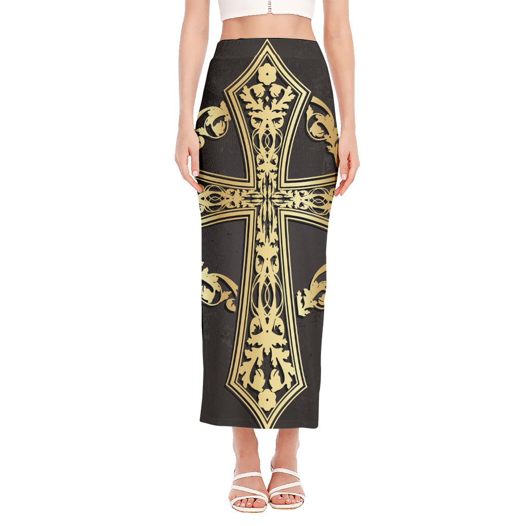 Ornamental Golden Cross Print Side Slit Maxi Skirt