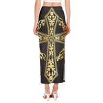 Ornamental Golden Cross Print Side Slit Maxi Skirt