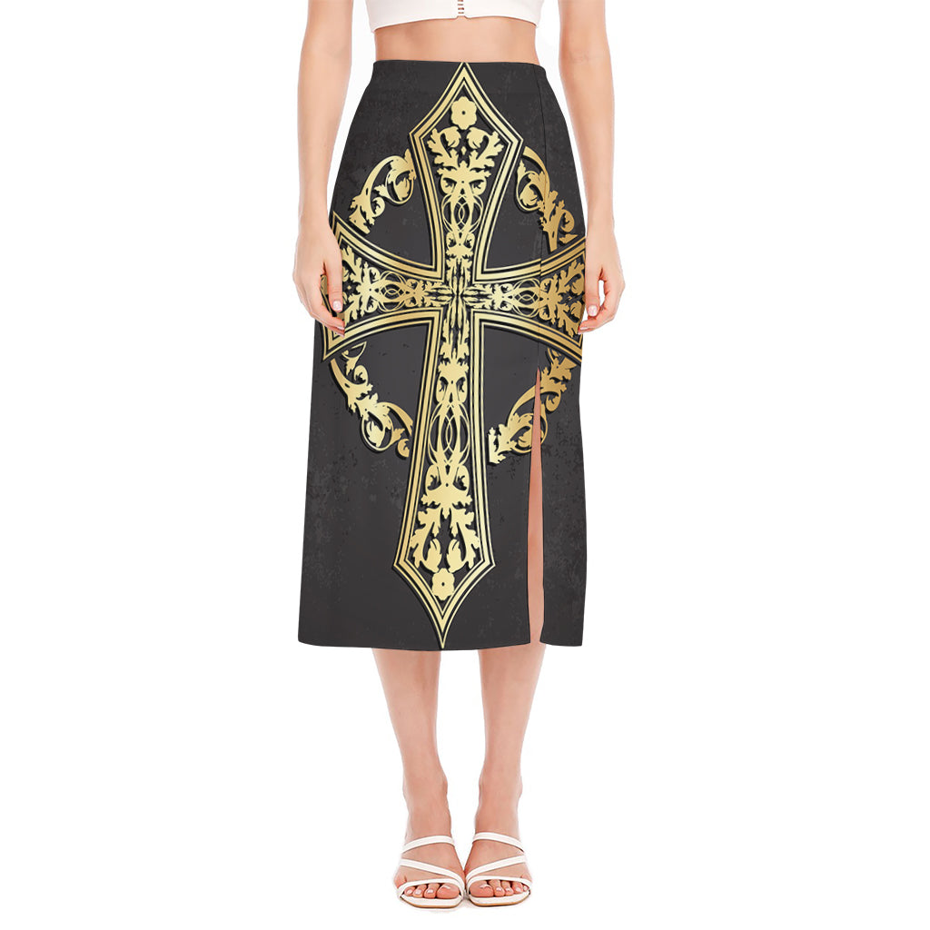 Ornamental Golden Cross Print Side Slit Midi Skirt