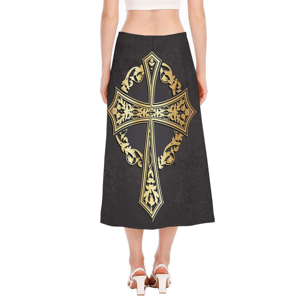 Ornamental Golden Cross Print Side Slit Midi Skirt