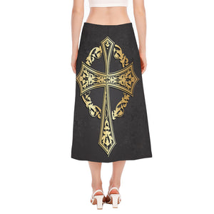 Ornamental Golden Cross Print Side Slit Midi Skirt