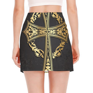 Ornamental Golden Cross Print Side Slit Mini Skirt