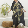 Ornamental Golden Cross Print Silk V-Neck Kaftan Dress