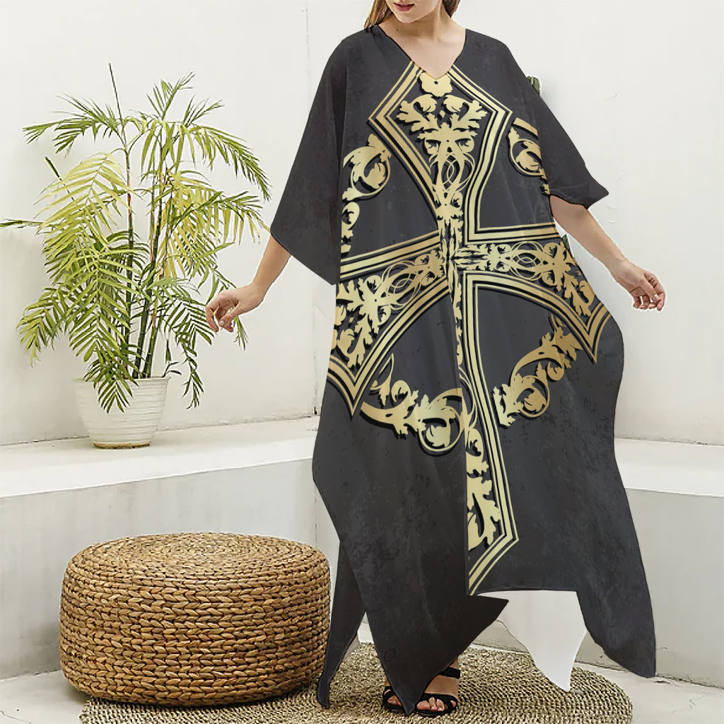 Ornamental Golden Cross Print Silk V-Neck Kaftan Dress