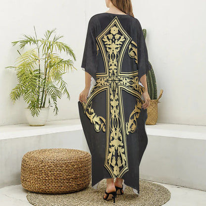 Ornamental Golden Cross Print Silk V-Neck Kaftan Dress