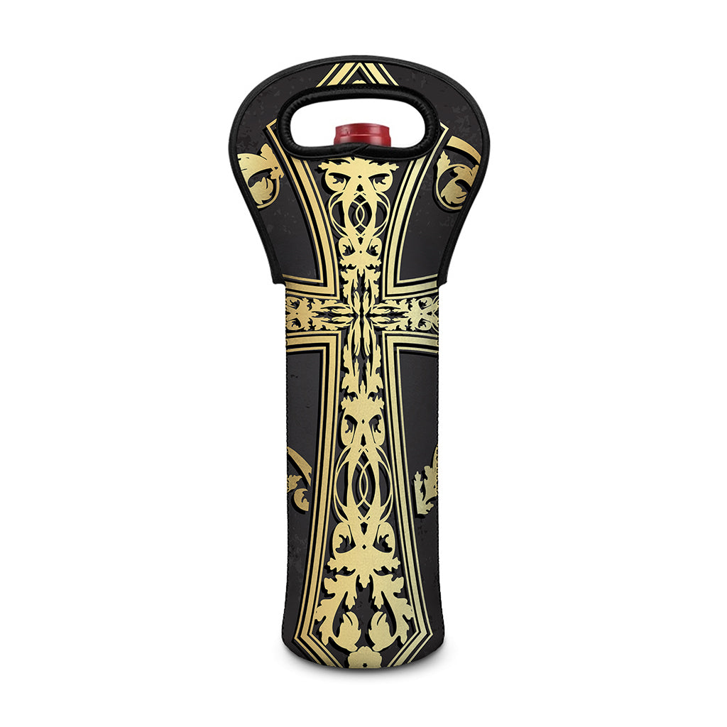 Ornamental Golden Cross Print Single Neoprene Wine Tote