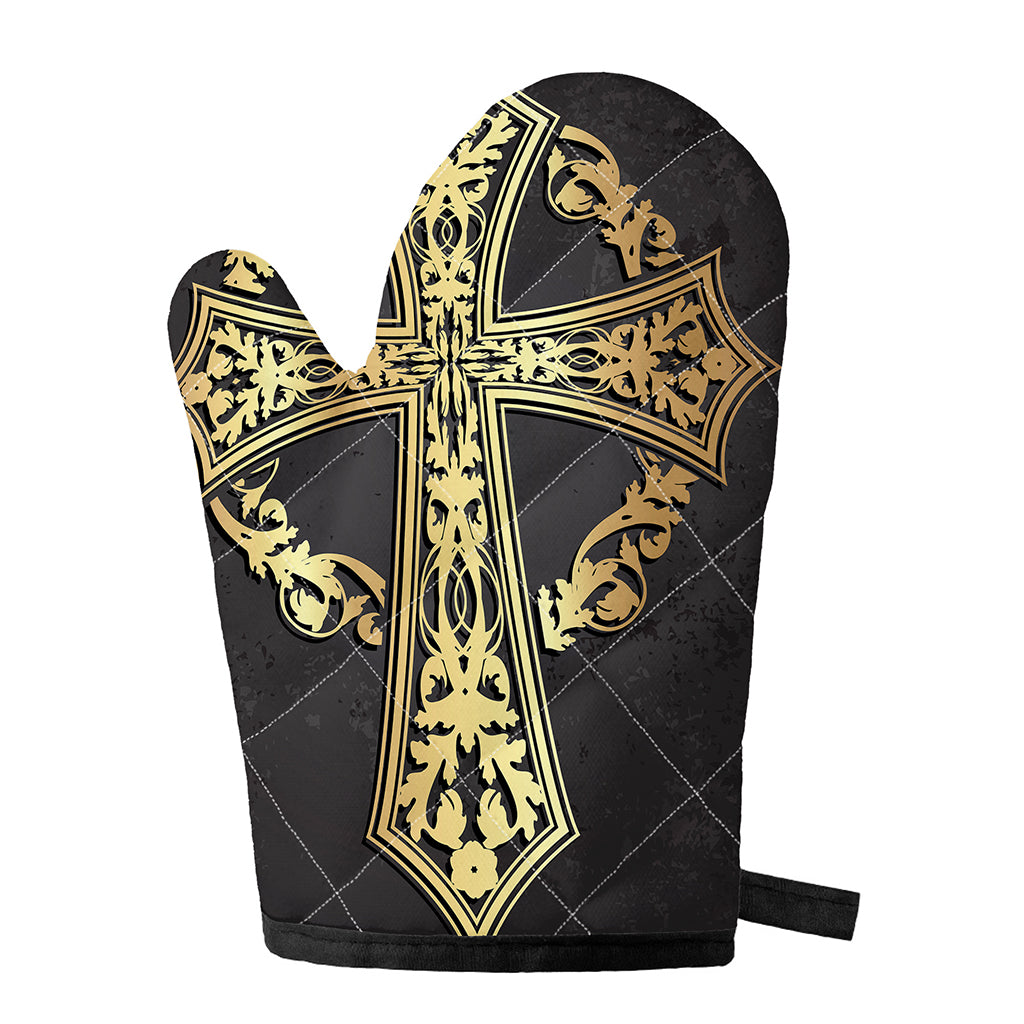 Ornamental Golden Cross Print Single Oven Mitt