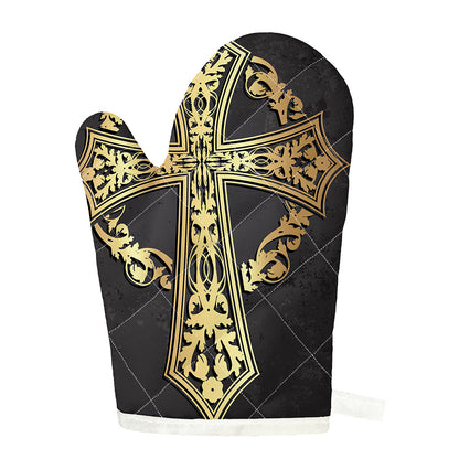 Ornamental Golden Cross Print Single Oven Mitt