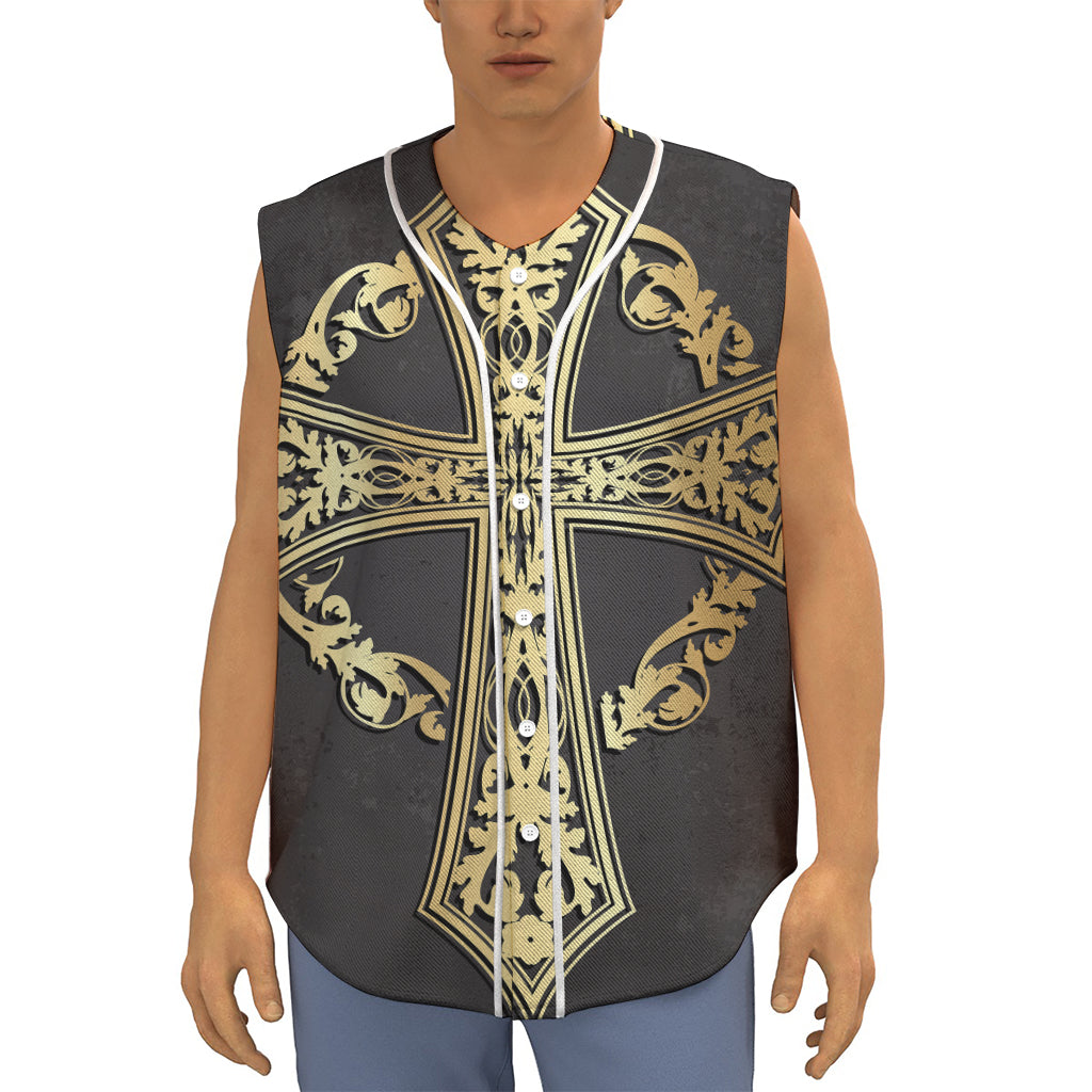 Ornamental Golden Cross Print Sleeveless Baseball Jersey