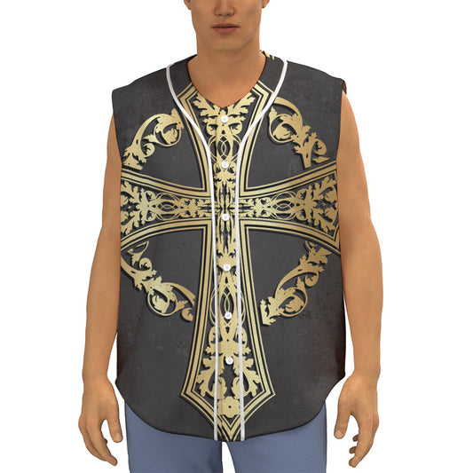 Ornamental Golden Cross Print Sleeveless Baseball Jersey