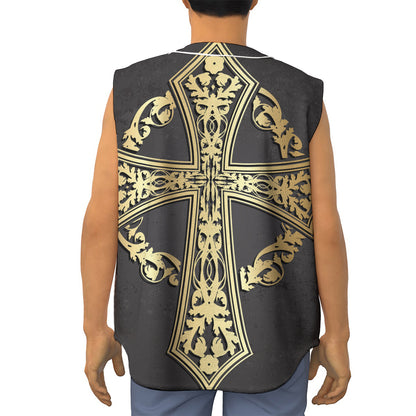 Ornamental Golden Cross Print Sleeveless Baseball Jersey