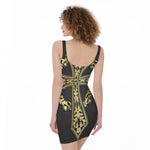 Ornamental Golden Cross Print Sleeveless Bodycon Dress