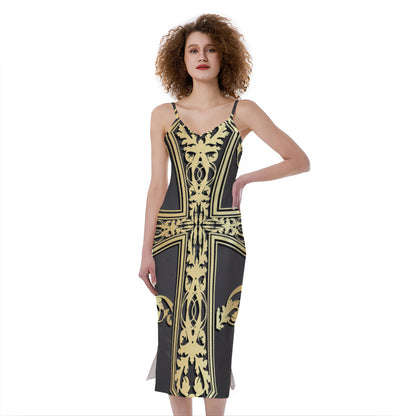 Ornamental Golden Cross Print Slim Fit Midi Cami Dress